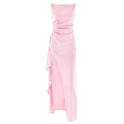 Ruched high slit satin round neck backless maxi dress