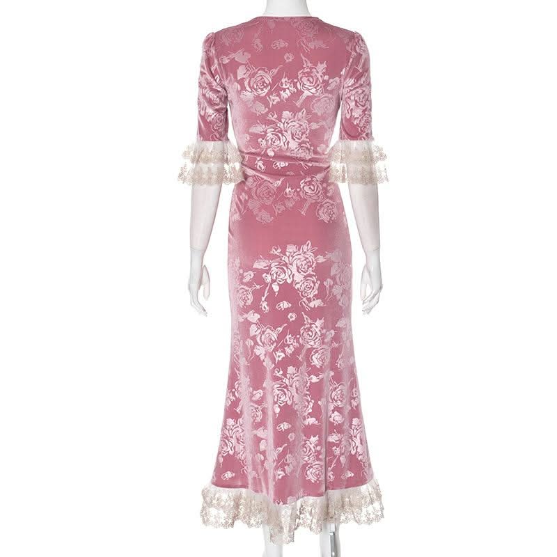 Lace hem v neck flower print velvet maxi dress