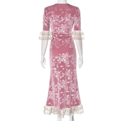 Lace hem v neck flower print velvet maxi dress
