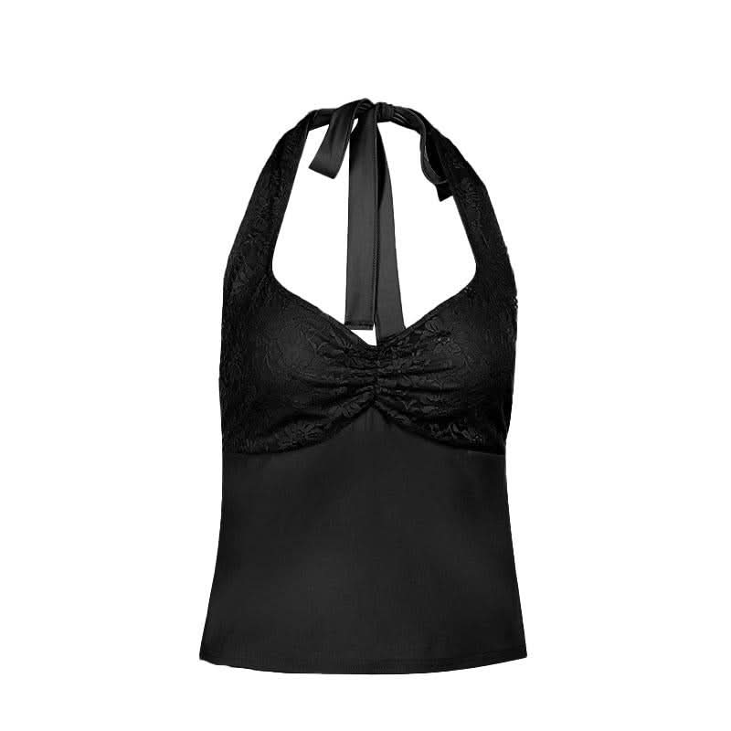 Halter self tie lace v neck ruched backless top
