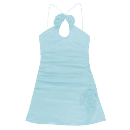 Ruched flower applique hollow out backless slit cut out mini dress