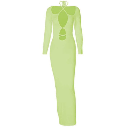 Hollow out self tie solid long sleeve cross front cut out maxi dress