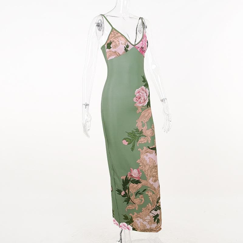 Spaghetti Strap V-Neck Floral Baroque Print Satin Bodycon Maxi Dress