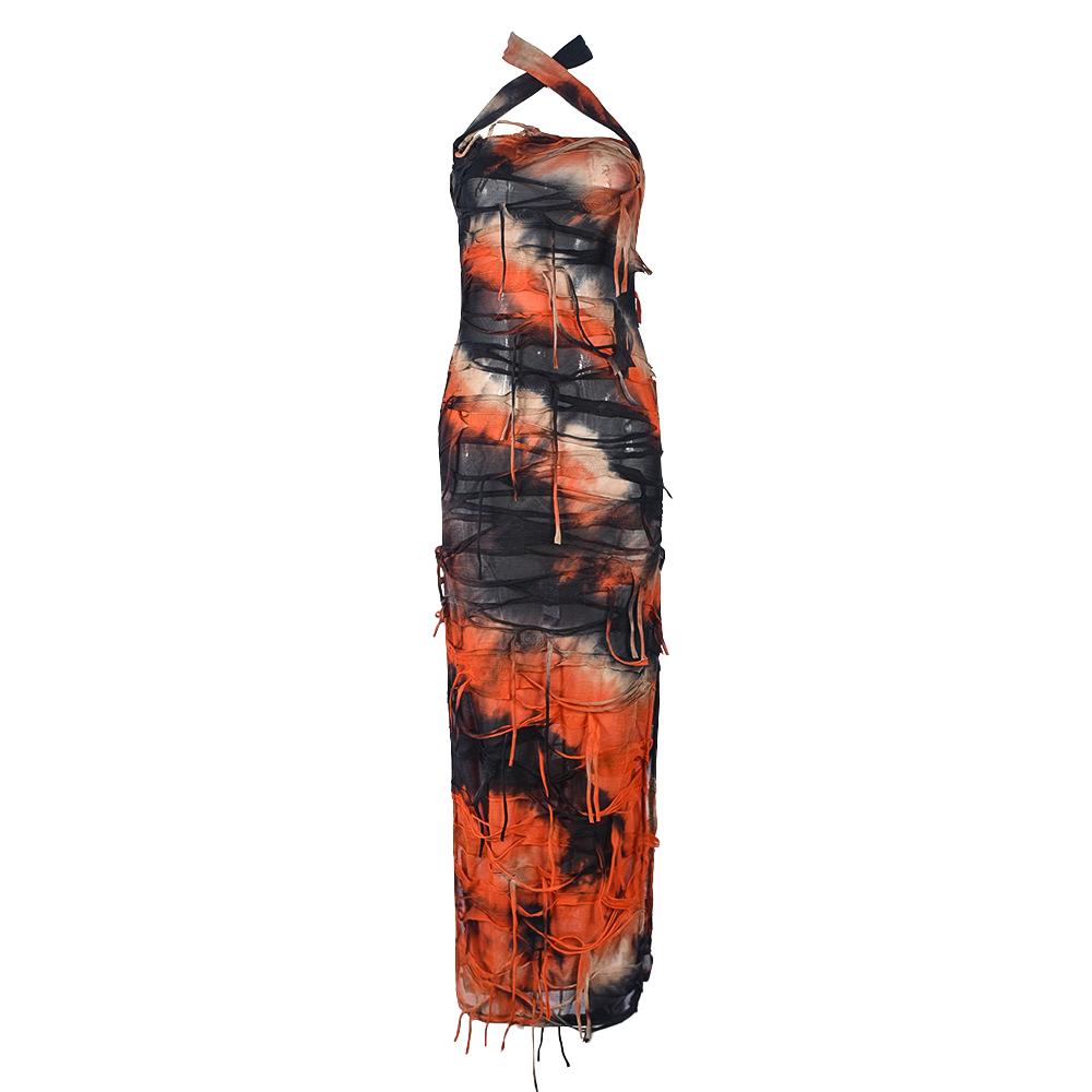 Halter tie dye high slit cross front maxi dress