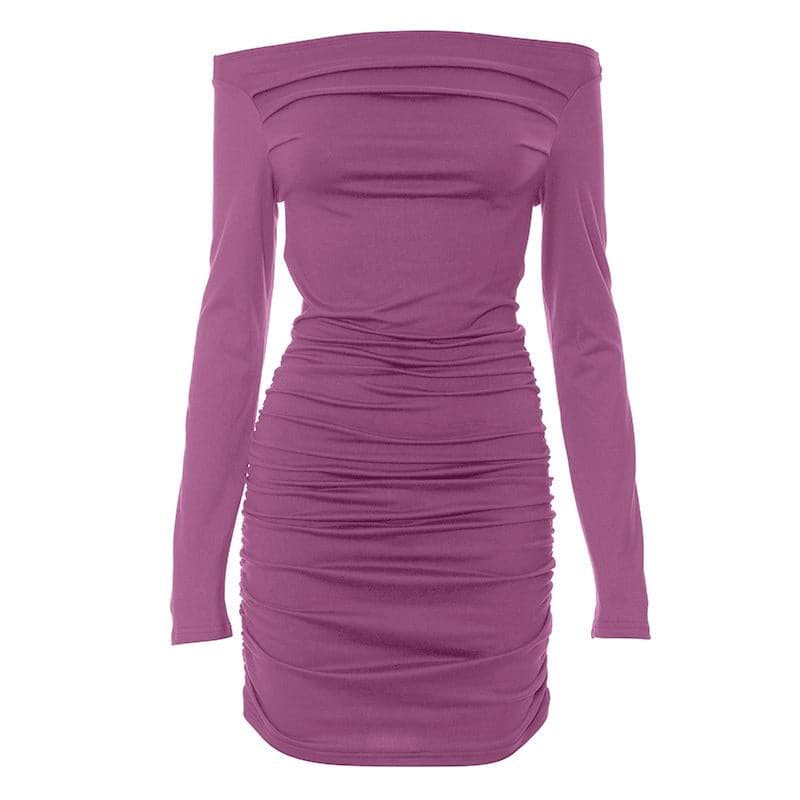 Asymmetric Off Shoulder Long Sleeve Ruched Bodycon Mini Dress