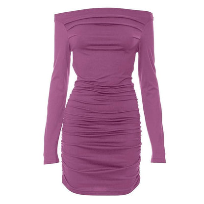 Asymmetric Off Shoulder Long Sleeve Ruched Bodycon Mini Dress
