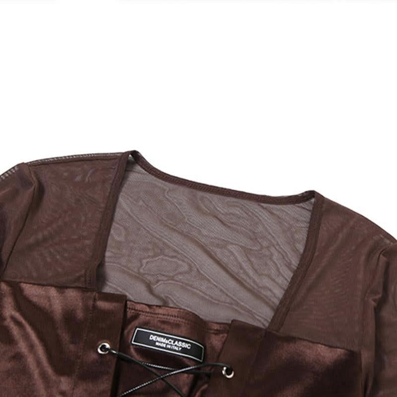 Long sleeve mesh square neck lace up top