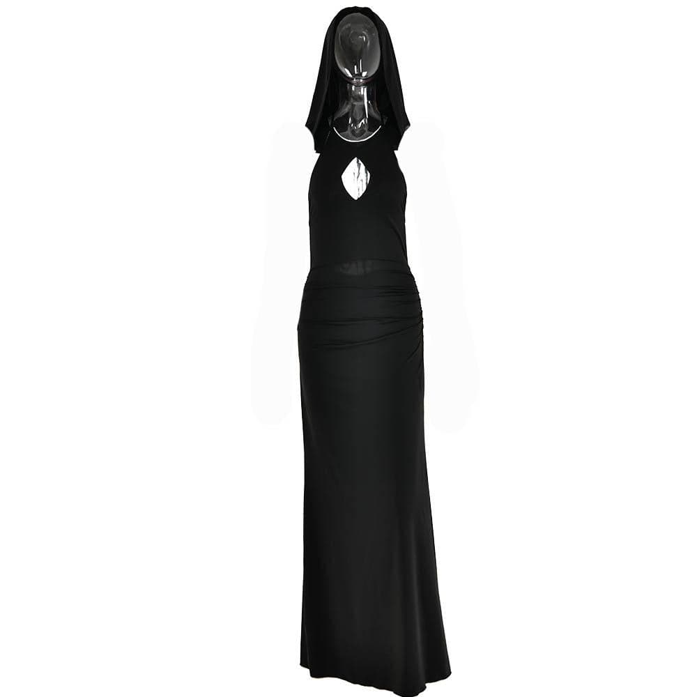 Hooded Halter Keyhole Sleeveless Ruched Hip Maxi Dress