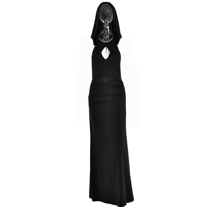 Hooded Halter Keyhole Sleeveless Ruched Hip Maxi Dress