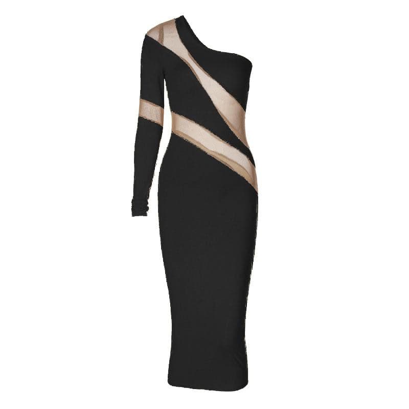 One Shoulder Long Sleeve Mesh Panel Bodycon Midi Dress
