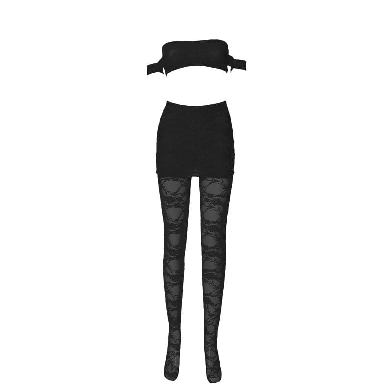 Off shoulder lace see through solid pant set