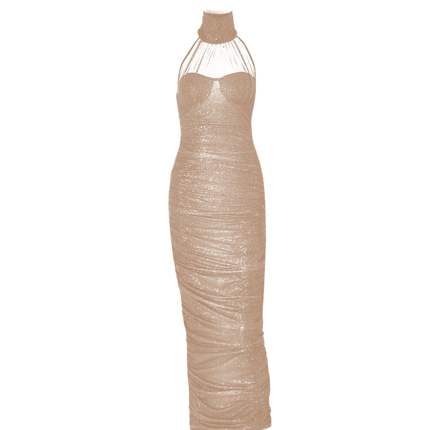 High neck ruched glitter zip-up slit backless maxi dress