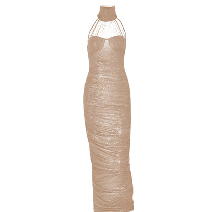 High neck ruched glitter zip-up slit backless maxi dress