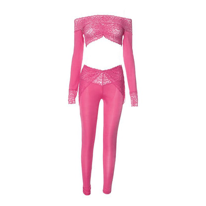 Long sleeve off shoulder see through lace pant set