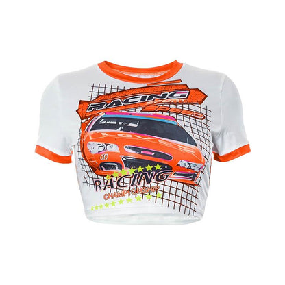 Short sleeve car pattern contrast patchwork crop top