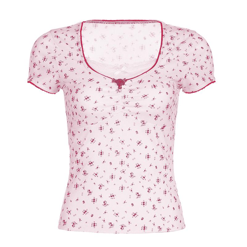 Short sleeve patchwork flower applique print top