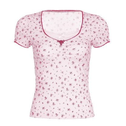 Short sleeve patchwork flower applique print top