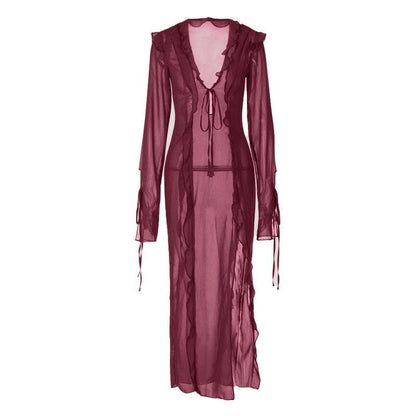 Slit chiffon see through long sleeve v neck self tie maxi dress