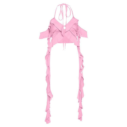 Ruffle halter solid v neck ribbon backless crop top