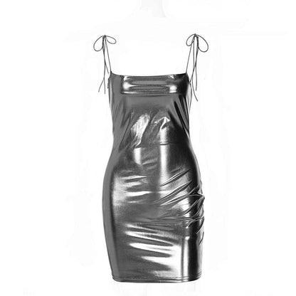 Metallic Tie Shoulder Square Neck Spaghetti Strap Bodycon Mini Dress