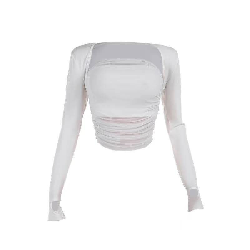 Ruched long sleeve gloves solid 2 piece tube top