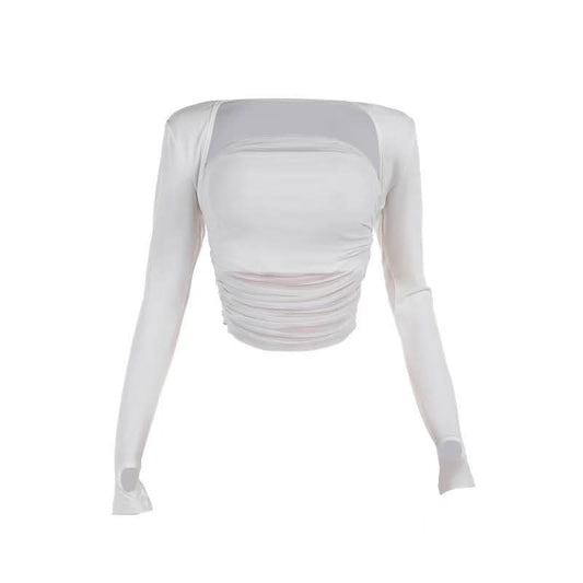 Ruched long sleeve gloves solid 2 piece tube top