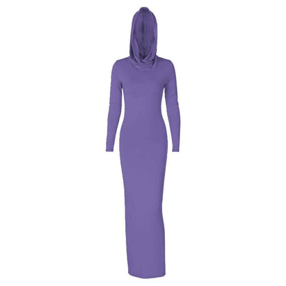 Hooded Long Sleeve Cowl Neck Side Slit Bodycon Maxi Dress