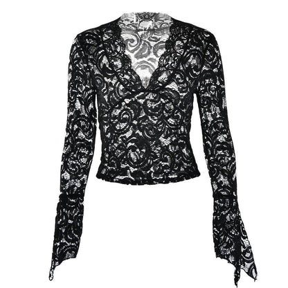 Flared sleeve v neck lace see through solid top-final-sale