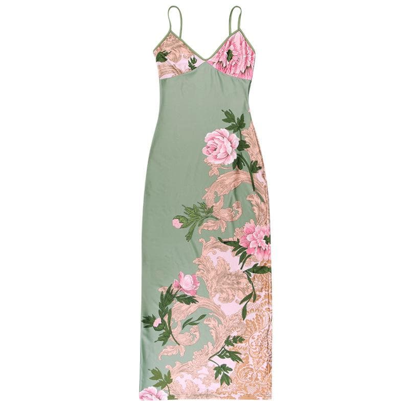Spaghetti Strap V-Neck Floral Baroque Print Satin Bodycon Maxi Dress