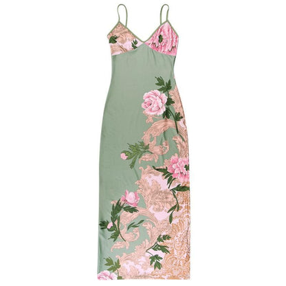 Spaghetti Strap V-Neck Floral Baroque Print Satin Bodycon Maxi Dress