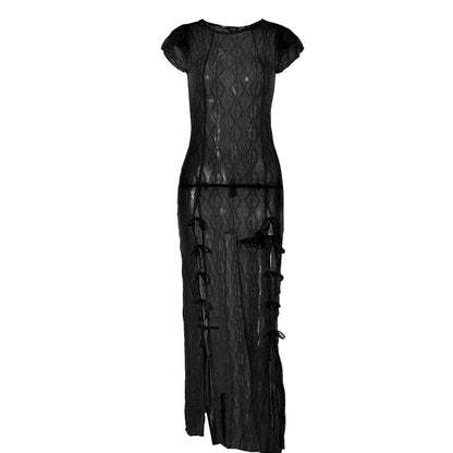 Sheer Diamond Mesh Cap Sleeve Side Bow Tie Slit Maxi Dress