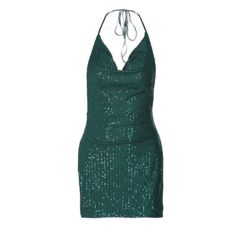 Glitter cowl neck halter slit backless mini dress-final-sale