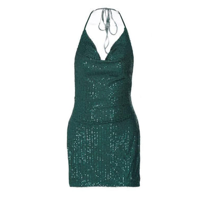 Glitter cowl neck halter slit backless mini dress-final-sale