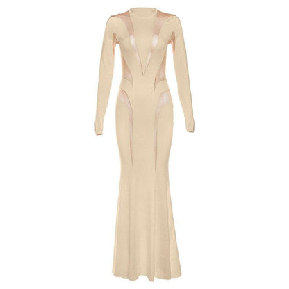 Crewneck long sleeve mesh patchwork maxi dress