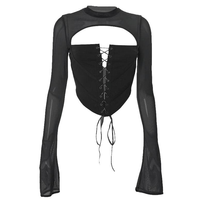 Lace up flared sleeve crewneck corset hollow out backless cut out top