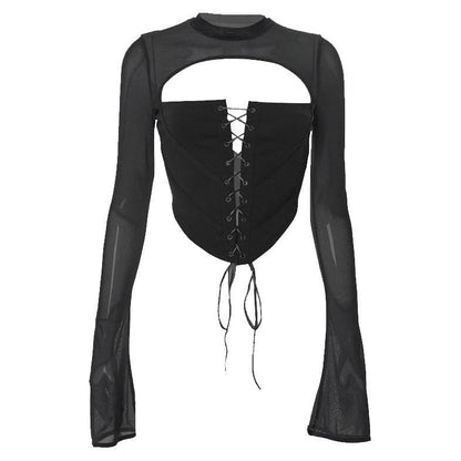 Lace up flared sleeve crewneck corset hollow out backless cut out top