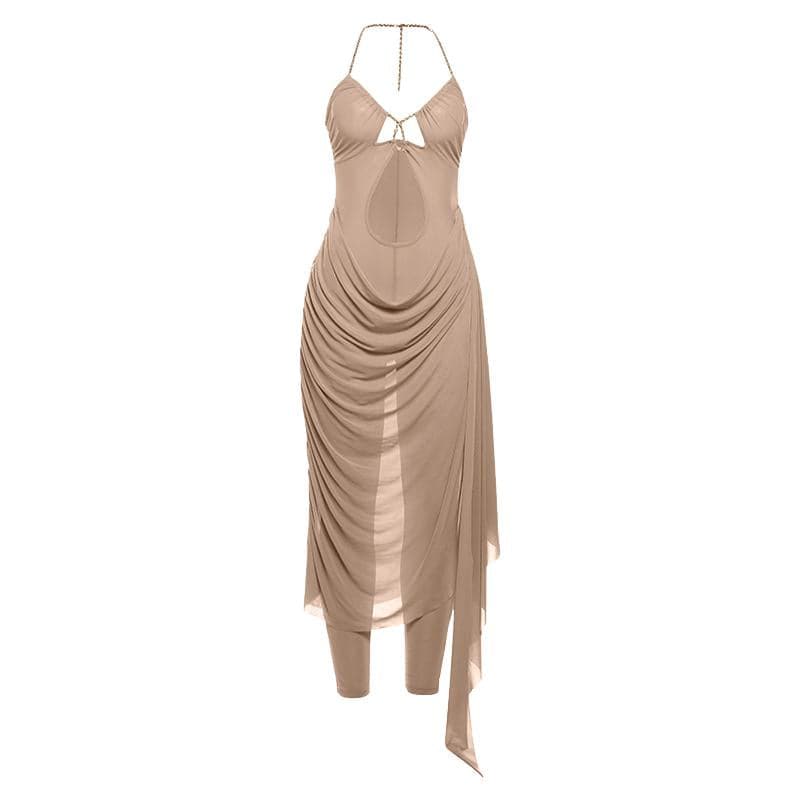 Metal chain halter ruched sheer mesh hollow out cut out maxi dress