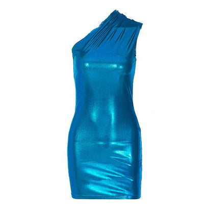 Metallic One Shoulder Ruched Asymmetric Bodycon Mini Dress