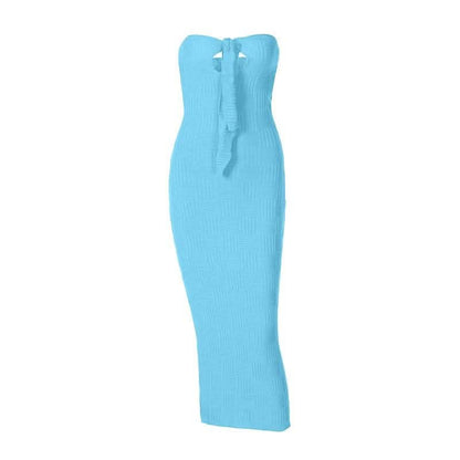 Hollow out knitted backless self tie solid textured tube cut out maxi dress-final-sale
