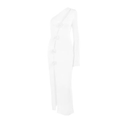 Irregular high slit flower applique long sleeve maxi dress