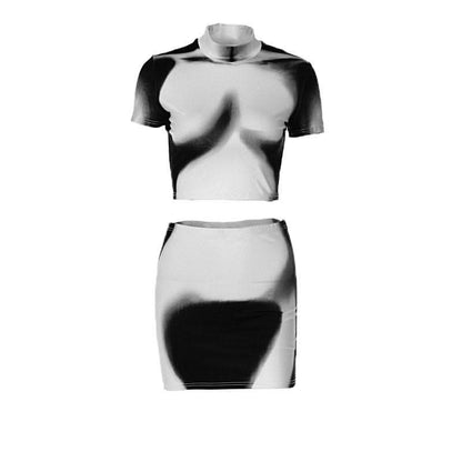 Short sleeve high neck contrast body print mini skirt set-final-sale