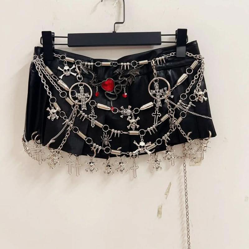 Pleated metal chain o ring black mini skirt