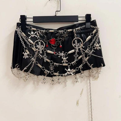 Pleated metal chain o ring black mini skirt