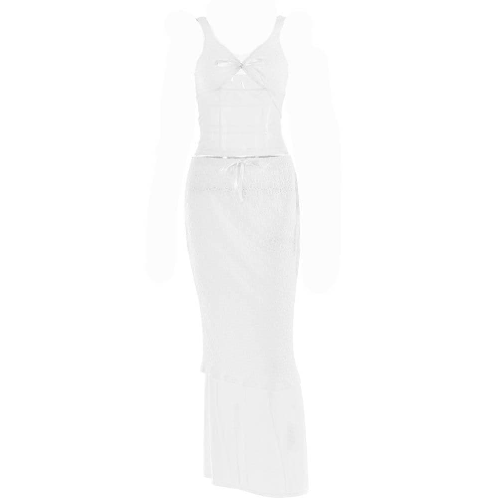 Lace v neck sleeveless hollow out solid patchwork maxi skirt set