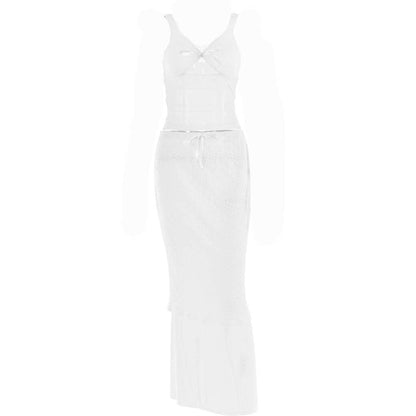 Lace v neck sleeveless hollow out solid patchwork maxi skirt set