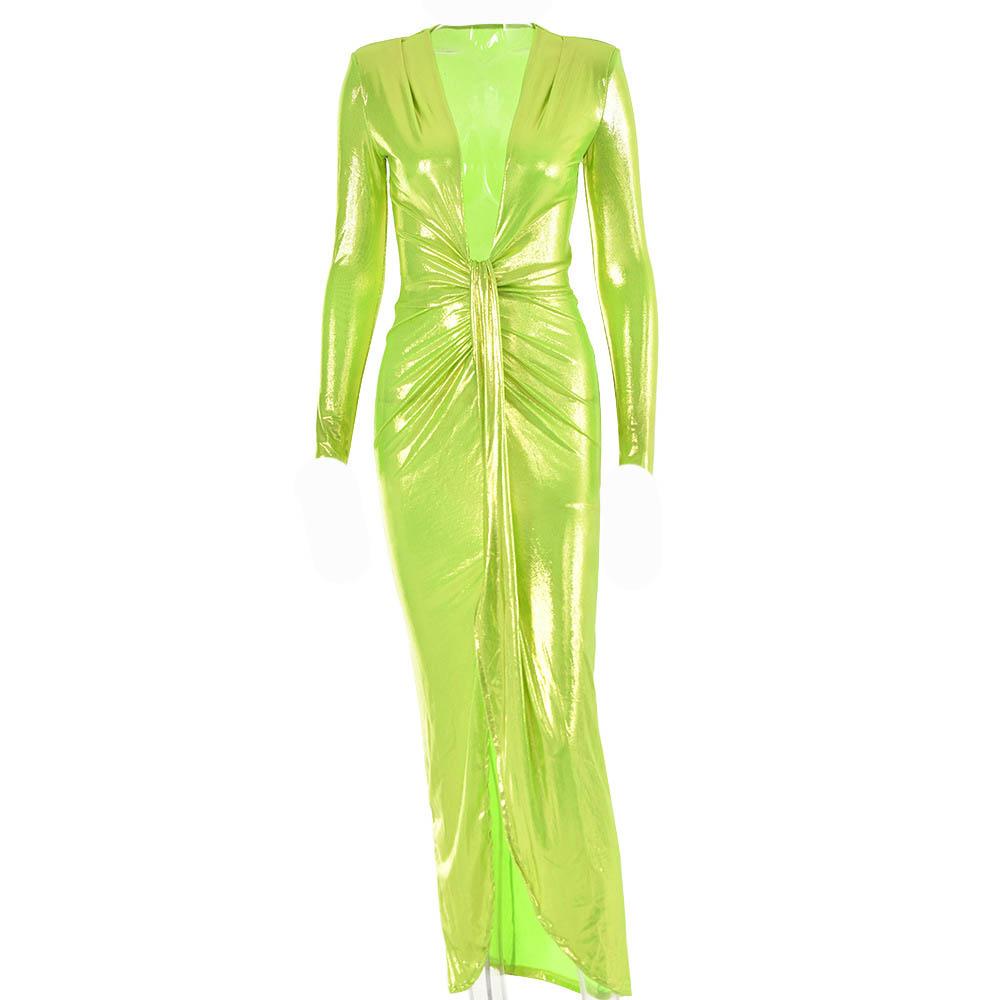 Ruched Metallic Long Sleeve V Neck Knotted Front Maxi Dress
