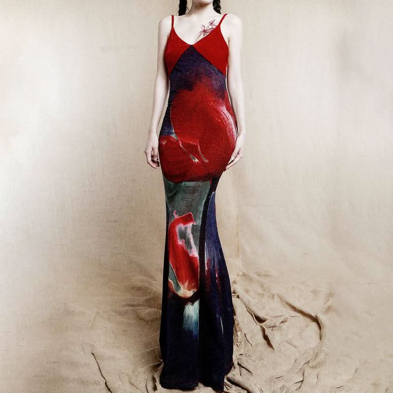 V neck velvet flower print zip-up cami maxi dress