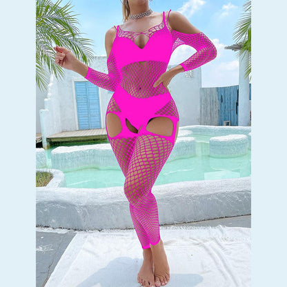 Fishnet hollow out off shoulder open crotch bodystocking