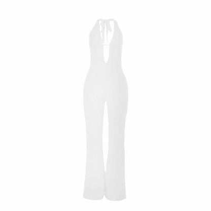 Halter self tie deep V neck lace backless jumpsuit