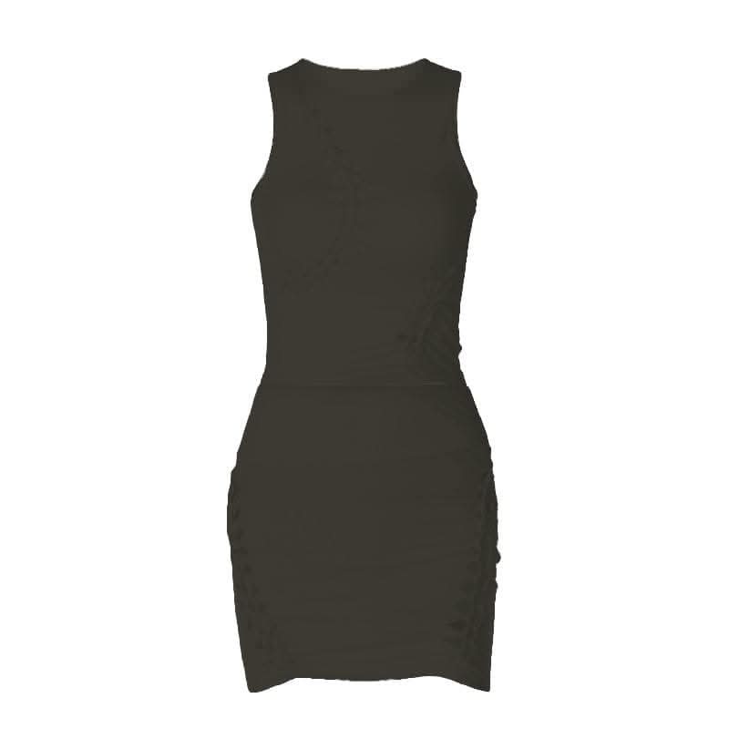 Hollow out solid sleeveless irregular crewneck mini skirt set-final-sale